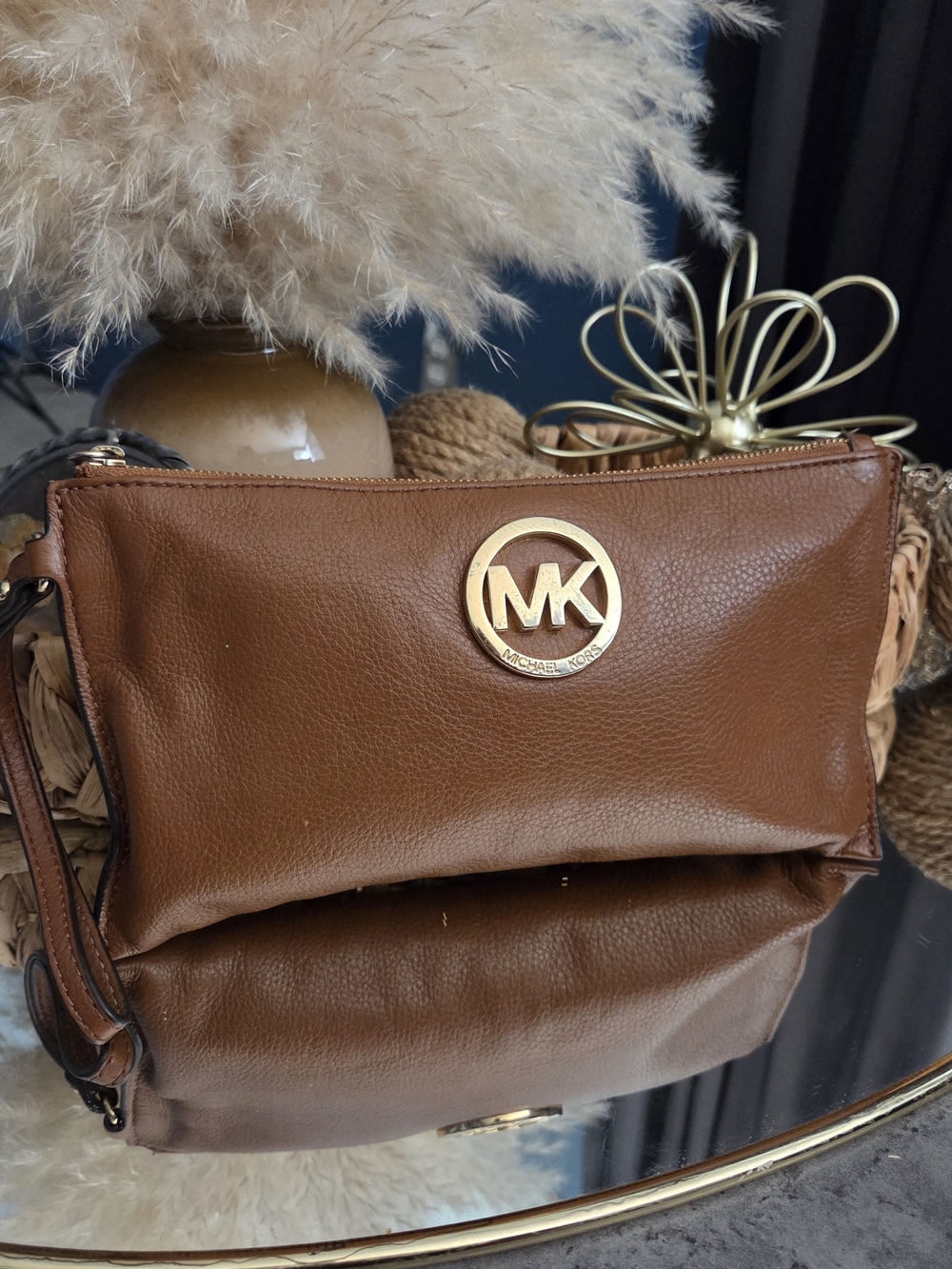 Michael Kors Brown Pebbled Leather MK Logo Wristlet Clutch Gold